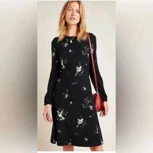 ANTHROPOLOGIE ALDO MARTINS Black Cherie Bird Floral Print L/s Knit Dress Small